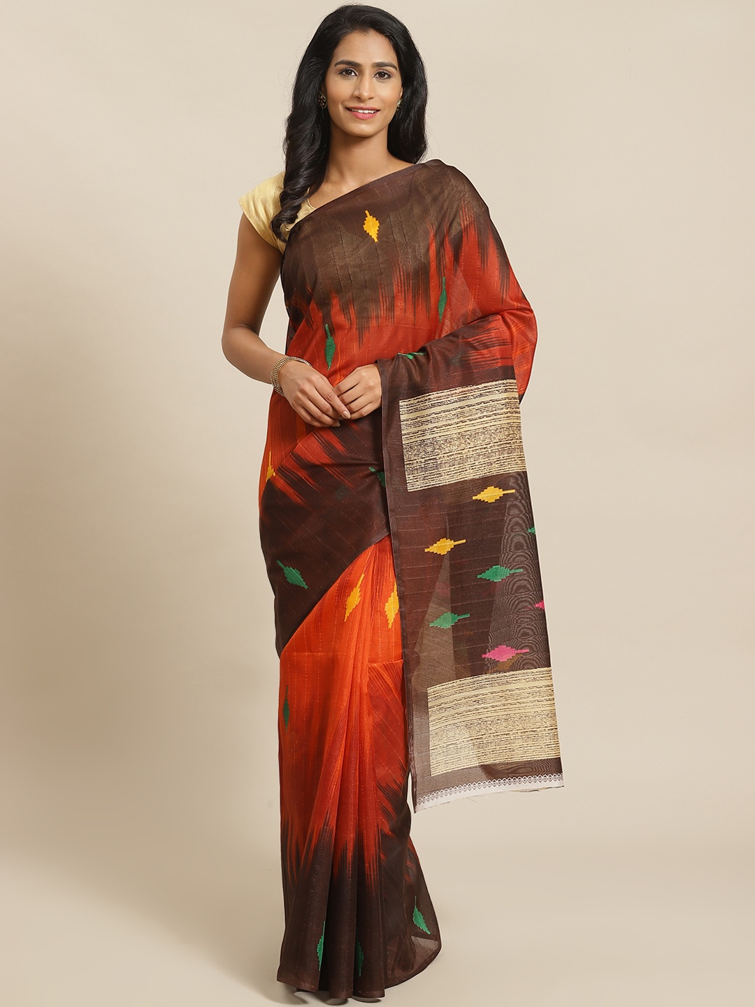 

KALINI Coffee Brown & Orange Printed Saree