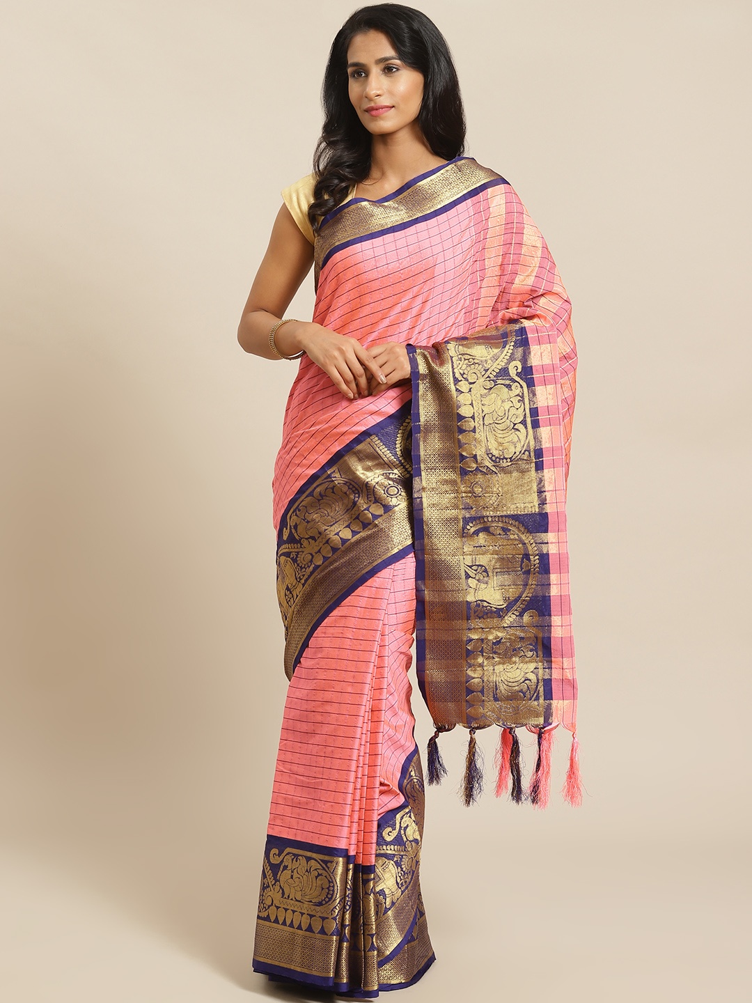 

Mitera Pink & Navy Blue Checked Banarasi Saree