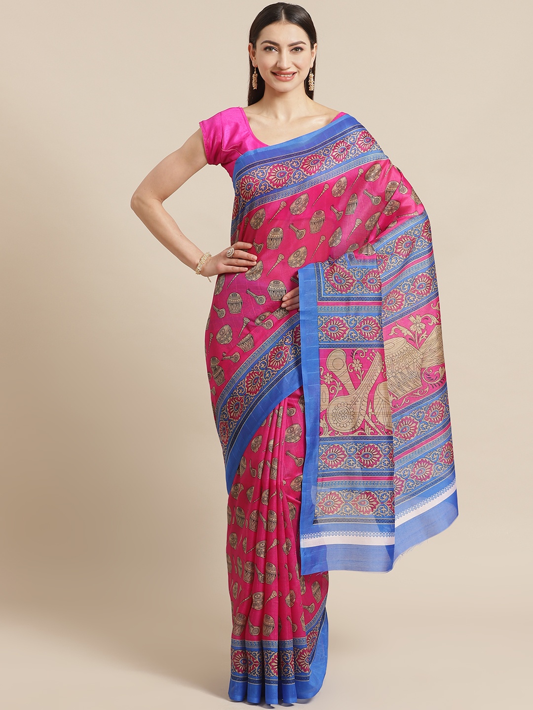 

KALINI Pink & Blue Pure Silk Ethnic Motifs Print Bhagalpuri Saree