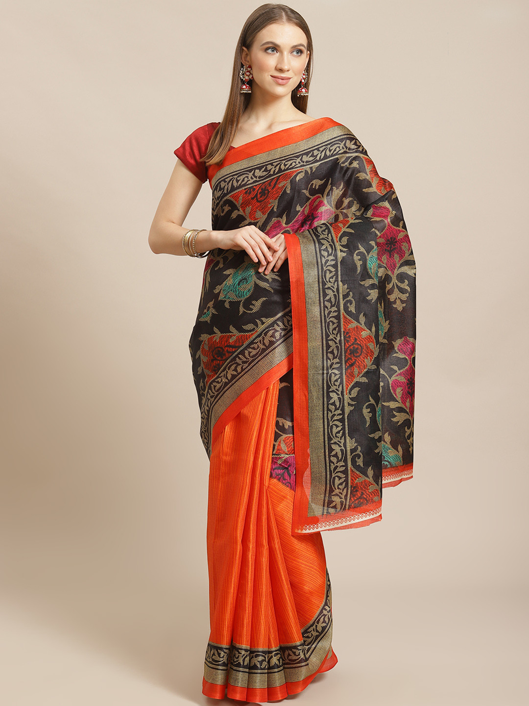 

KALINI Black & Orange Ethnic Printed Half & Half Saree
