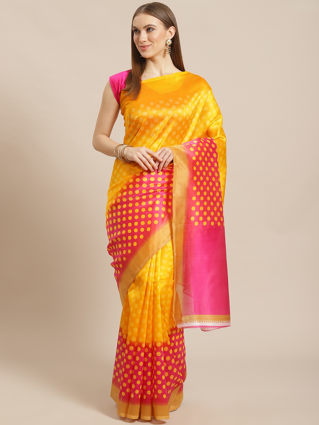 

KALINI Yellow & Beige Printed Mysore Silk Saree
