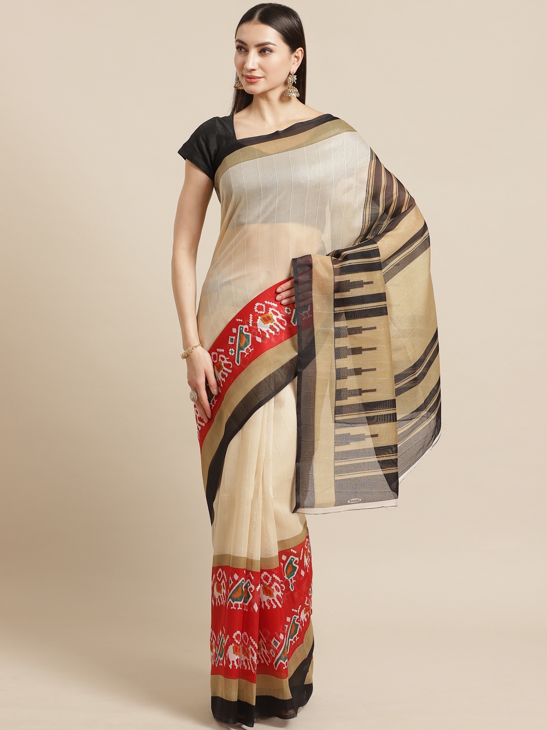 

KALINI Cream-Coloured & Red Self-Striped Bhagalpuri Saree