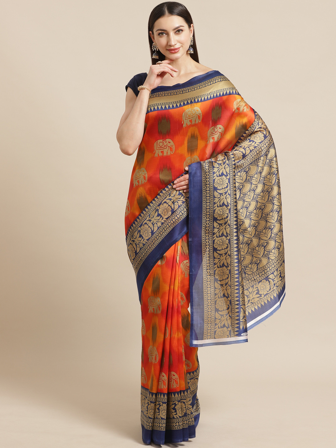 

KALINI Orange & Navy Blue Ethnic Motif Print Mysore Silk Saree