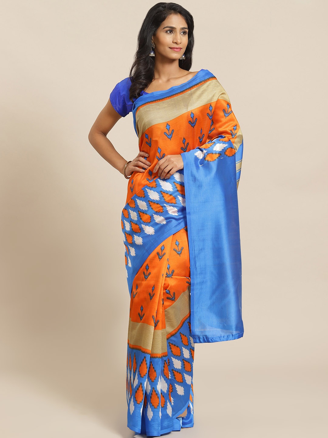 

KALINI Orange & Blue Mysore Silk Printed Saree