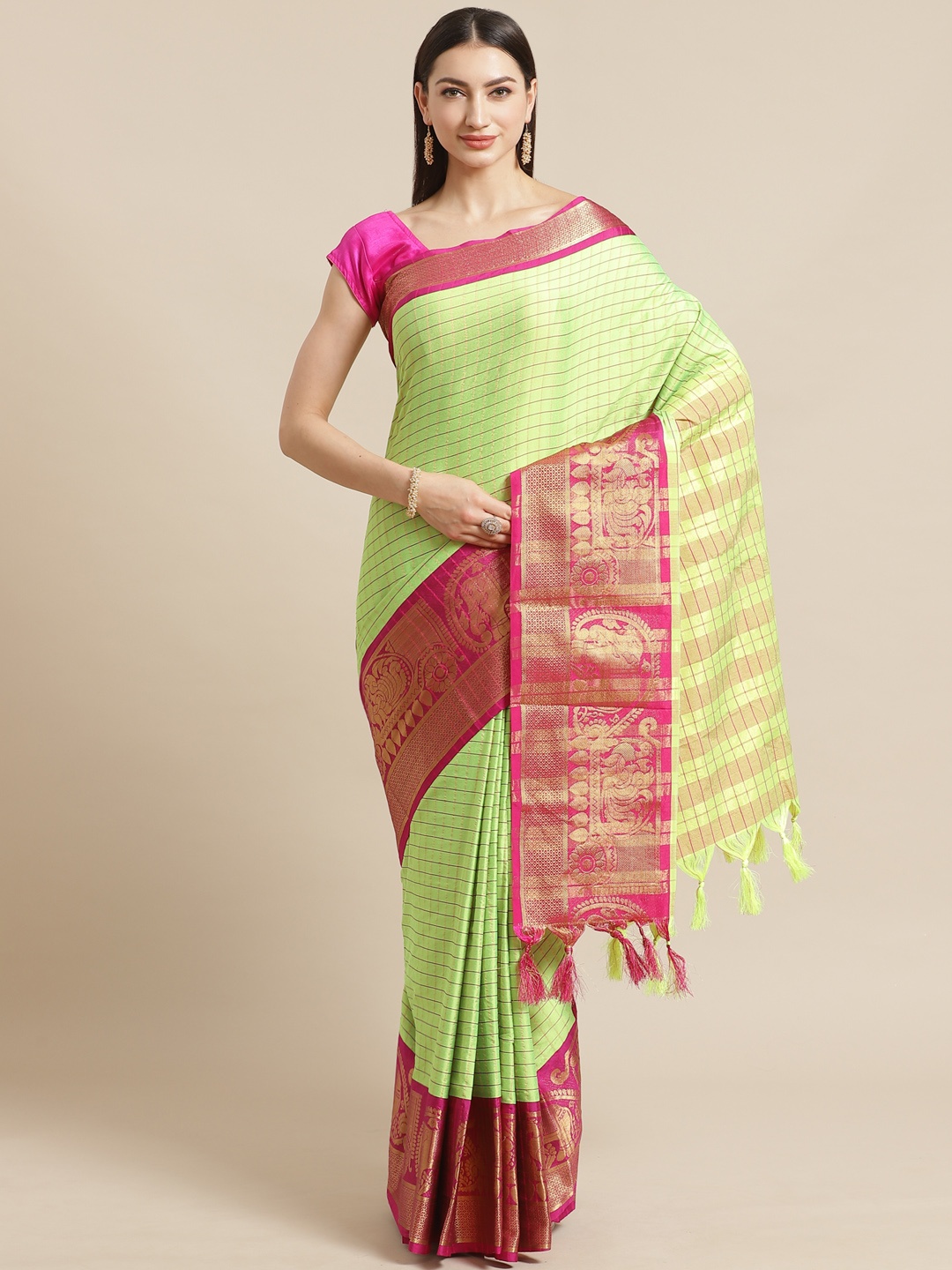 

Mitera Fluorescent Green & Magenta Checked Banarasi Saree