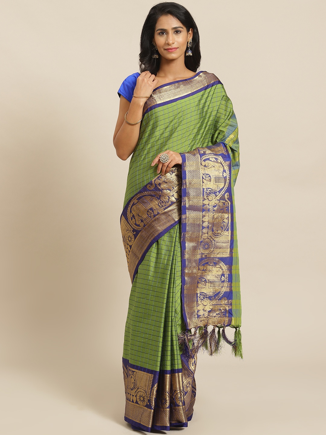 

Mitera Green & Blue Checked Banarasi Saree