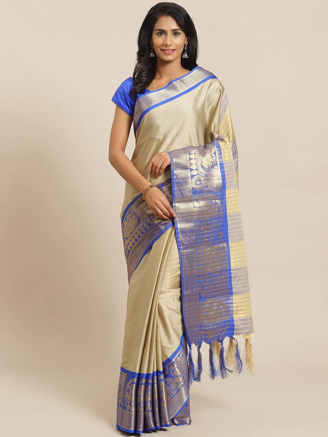 

Mitera Beige & Blue Solid Banarasi Saree