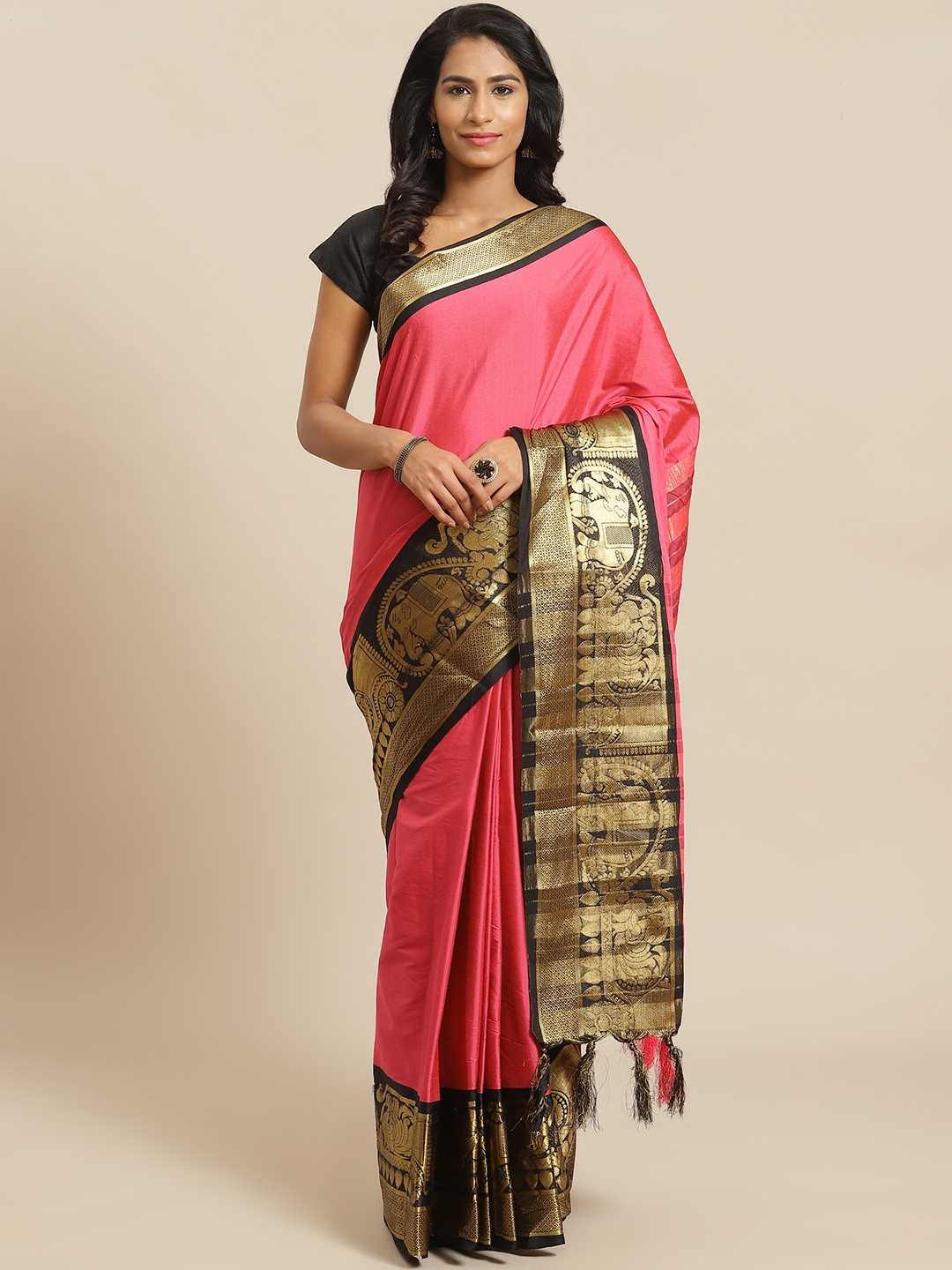 

Mitera Pink & Golden Solid Banarasi Saree