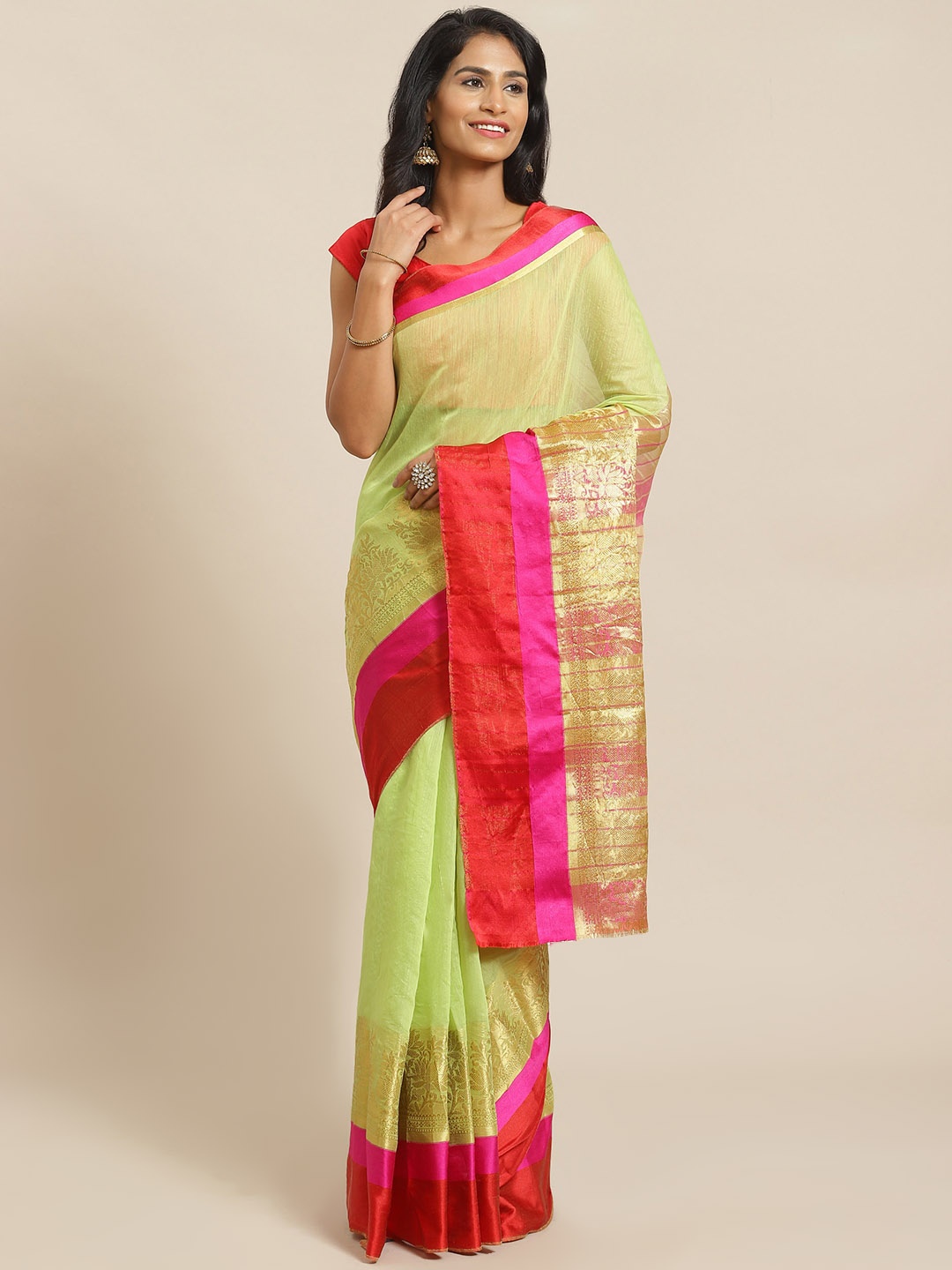 

Mitera Lime Green & Golden Zari Ethnic Motifs Woven Design Saree