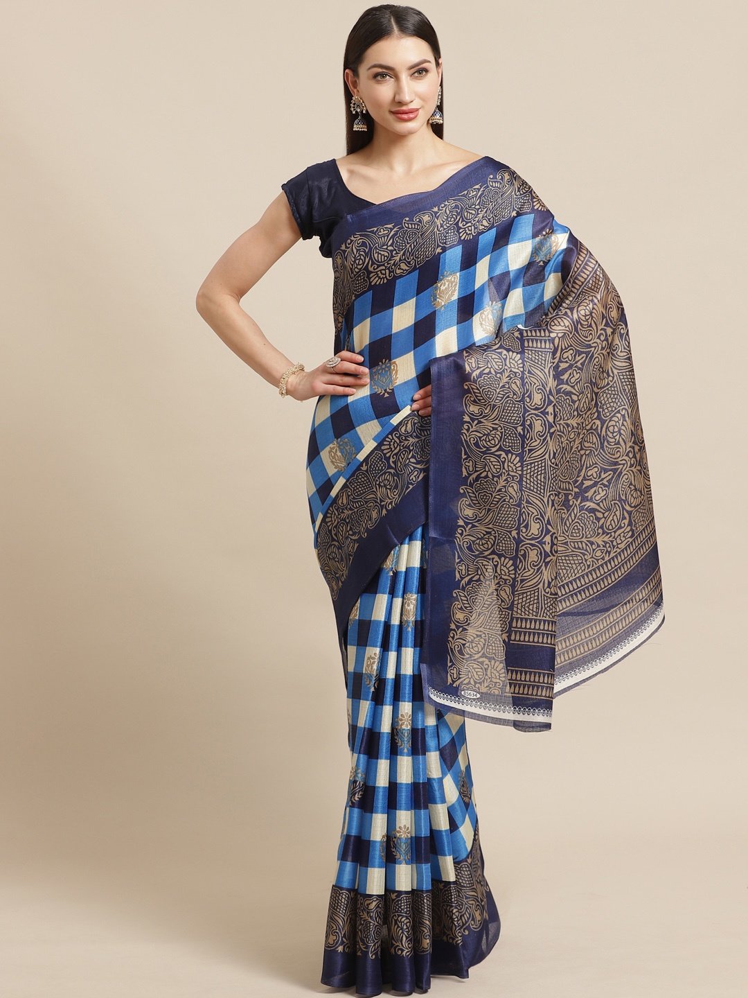 

KALINI Blue & White Checked Saree