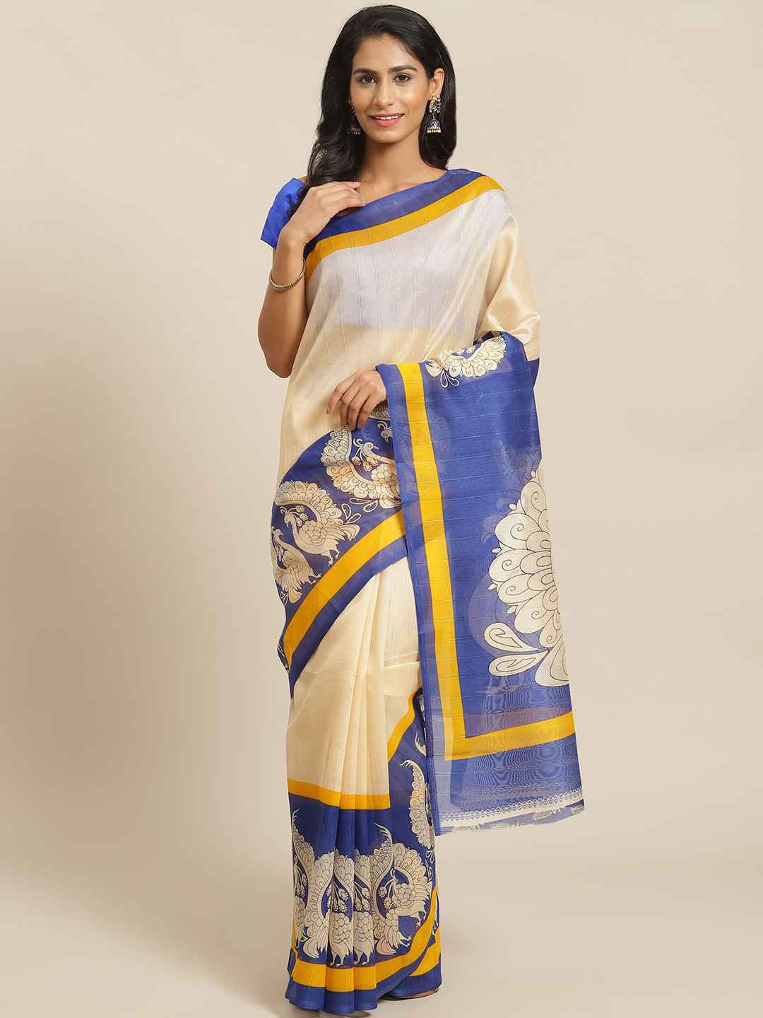

KALINI Beige & Blue Pure Silk Self Striped & Ethnic Motifs Print Bhagalpuri Saree