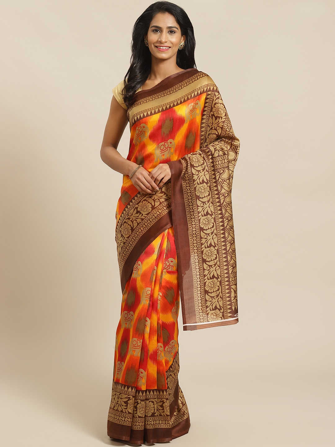 

KALINI Yellow & Red Abstract Print Mysore Silk Saree