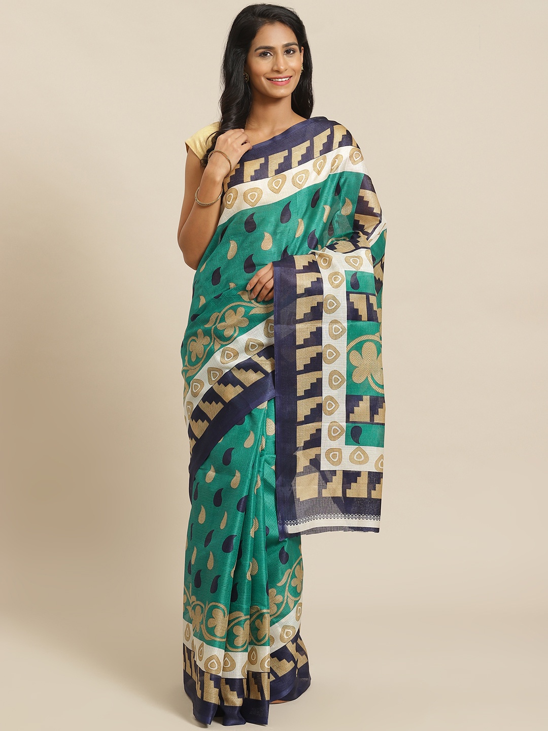 

KALINI Sea Green & Navy Blue Paisley Print Saree