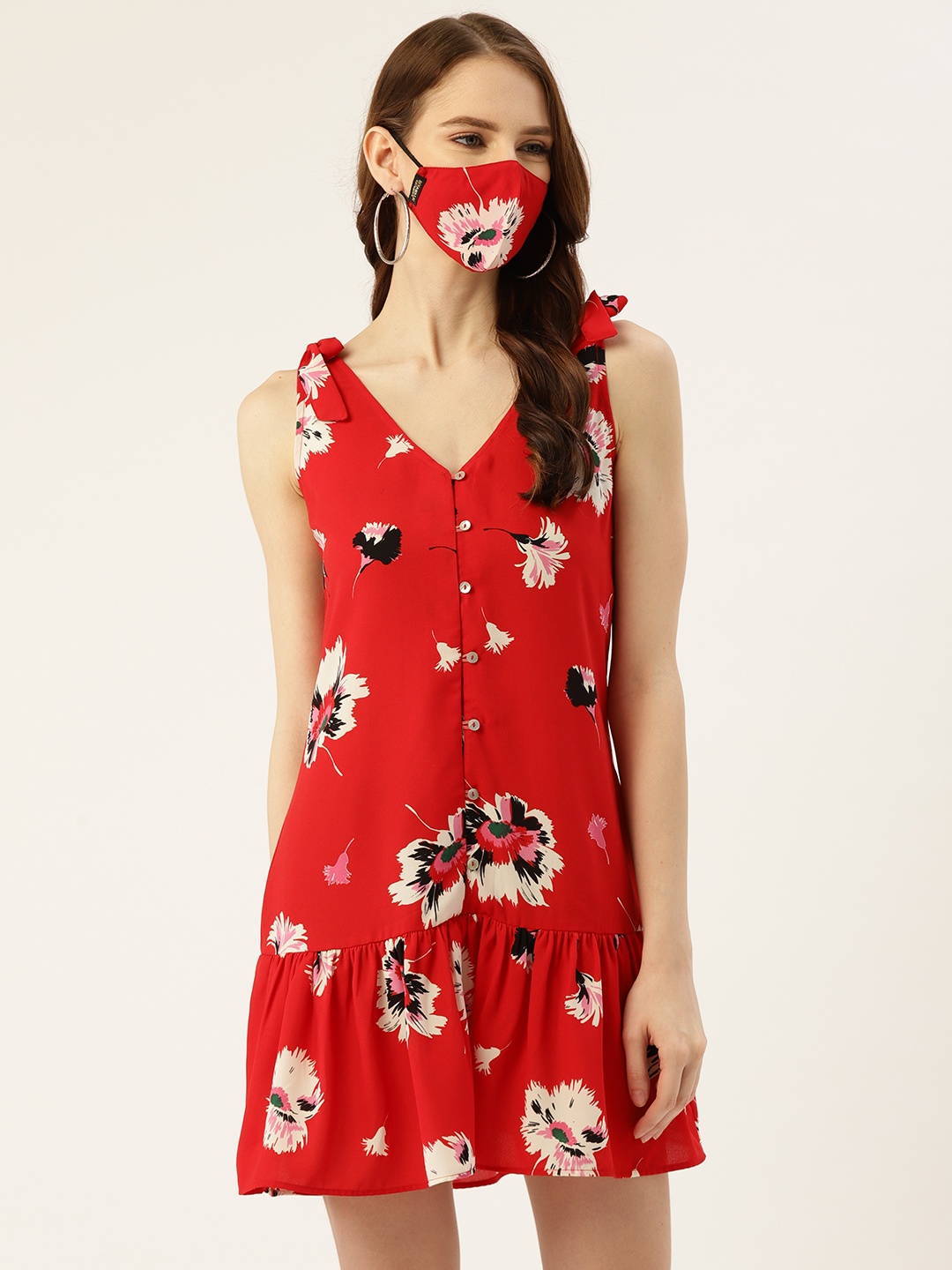 

DIVA WALK EXCLUSIVE Women Red Floral Printed Drop-Waist Dress