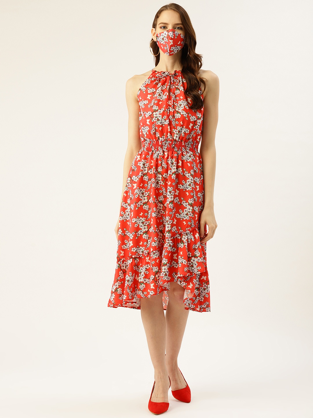 

DIVA WALK EXCLUSIVE Women Red & White Floral Printed Fit and Flare Dress