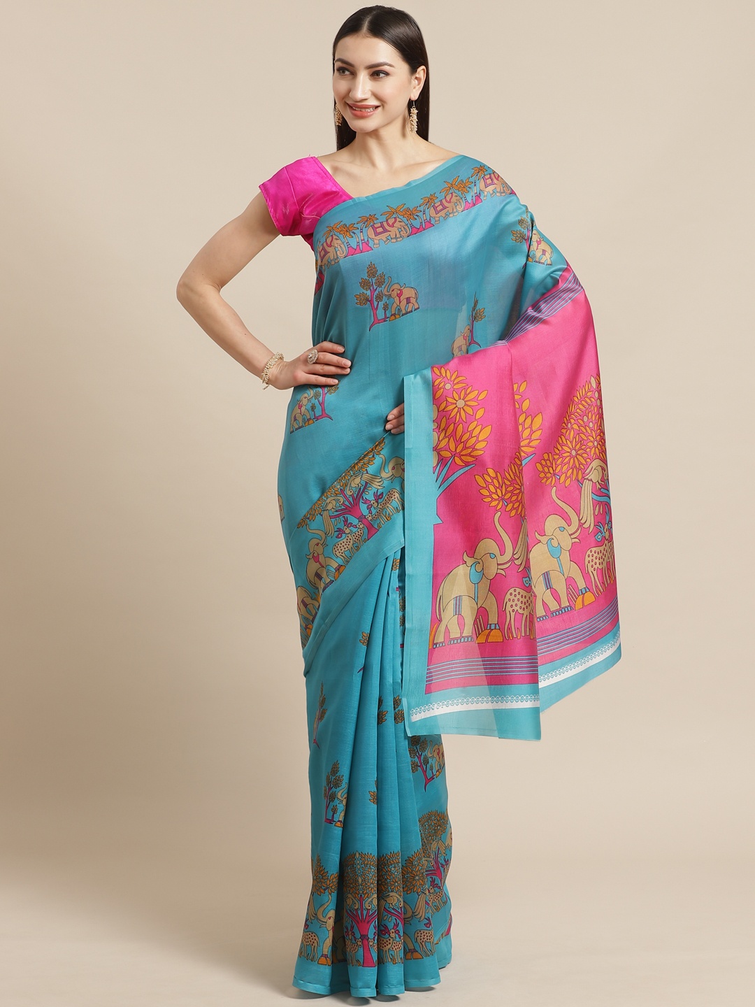 

KALINI Green & Pink Art Silk Ethnic Motifs Print Saree