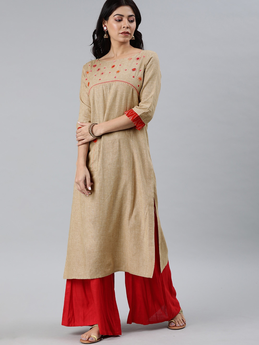 

araaliya Women Beige & Red Embroidered Straight Khadi Handloom Kurta