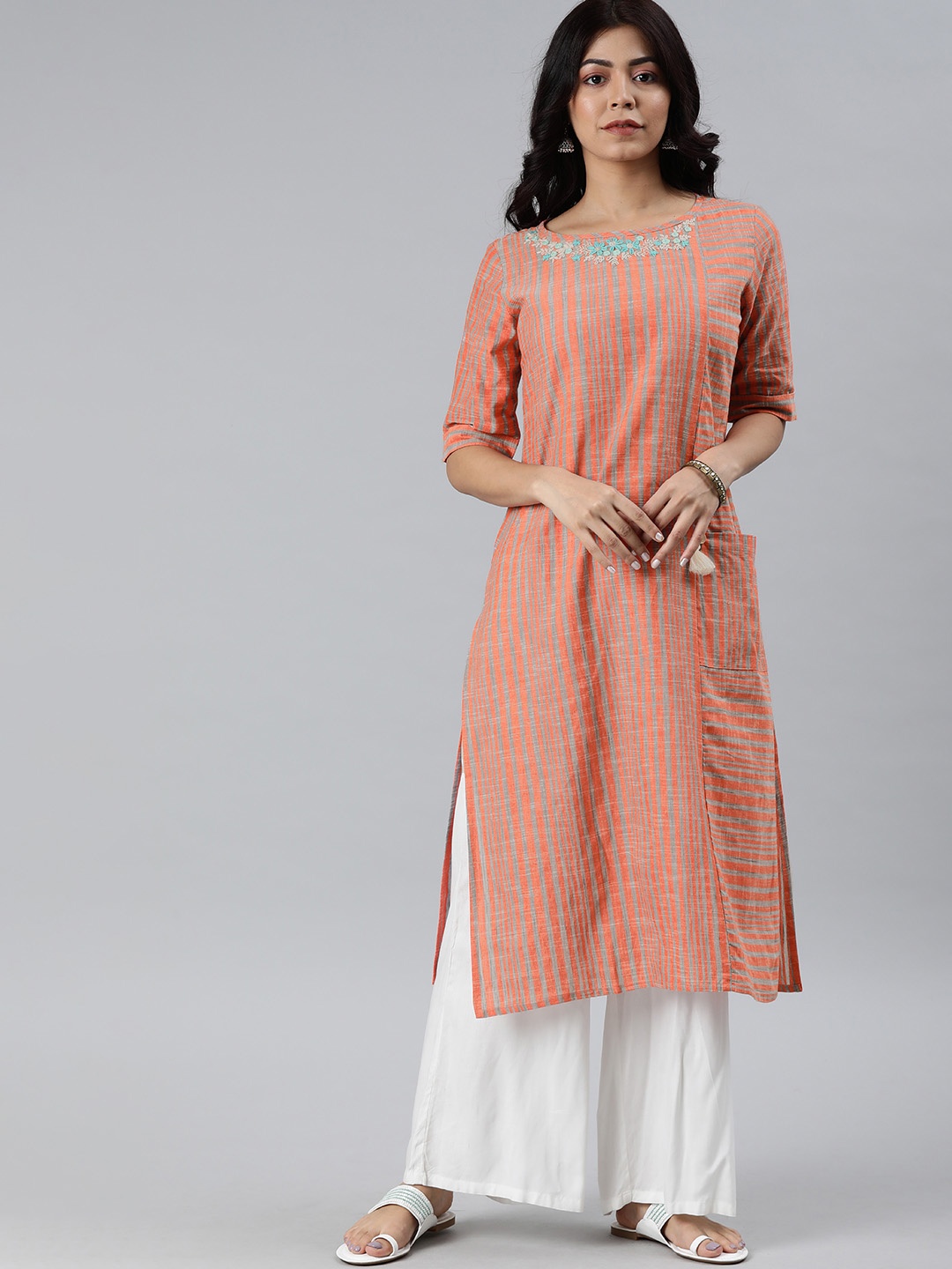 

araaliya Women Coral Pink & Grey Striped Straight Kurta with Embroidered Detail