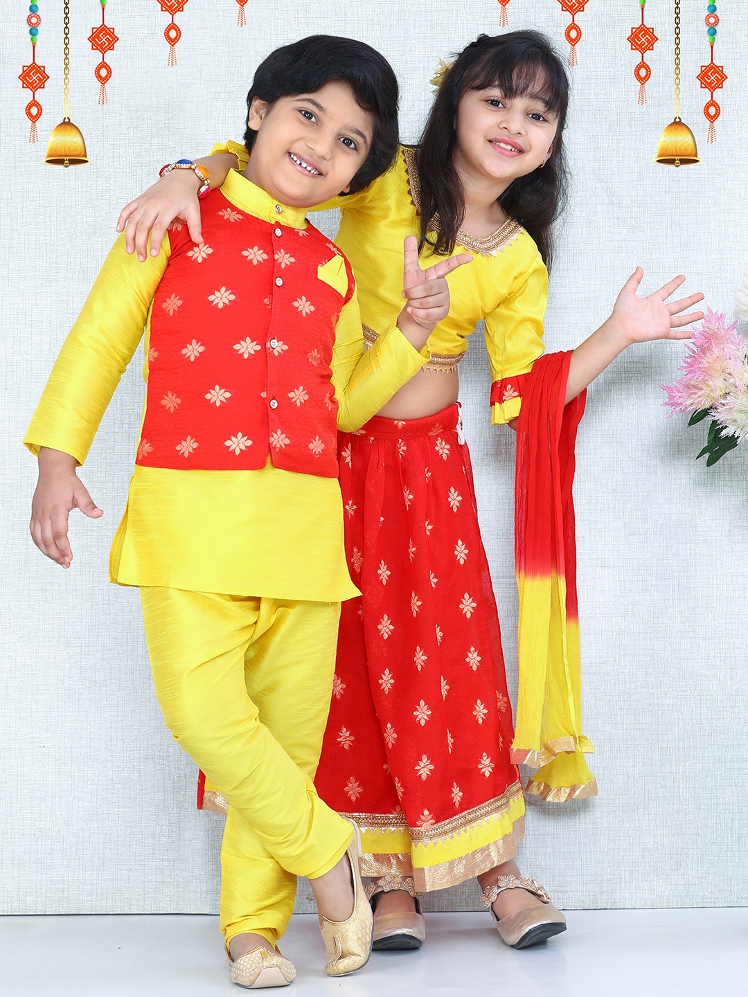 

BownBee Girls Red & Yellow Embellished Ready to Wear Lehenga & Blouse with Dupatta