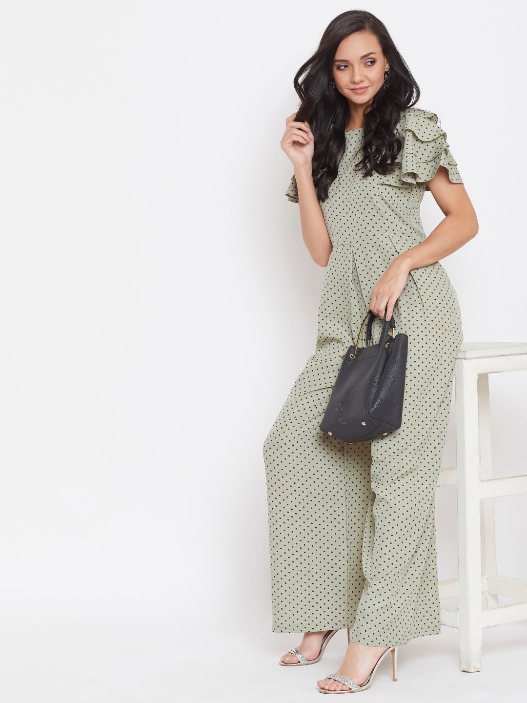 

Uptownie Lite Women Green Polka Dot Printed Basic Ruffle Jumpsuit