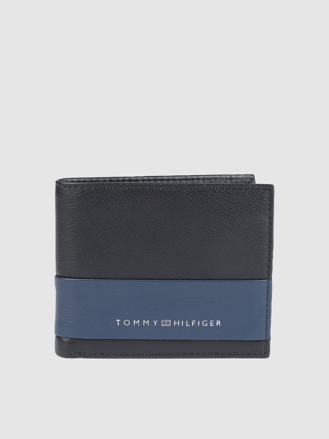 

Tommy Hilfiger Men Black & Navy Blue Colourblocked Leather Two Fold Wallet