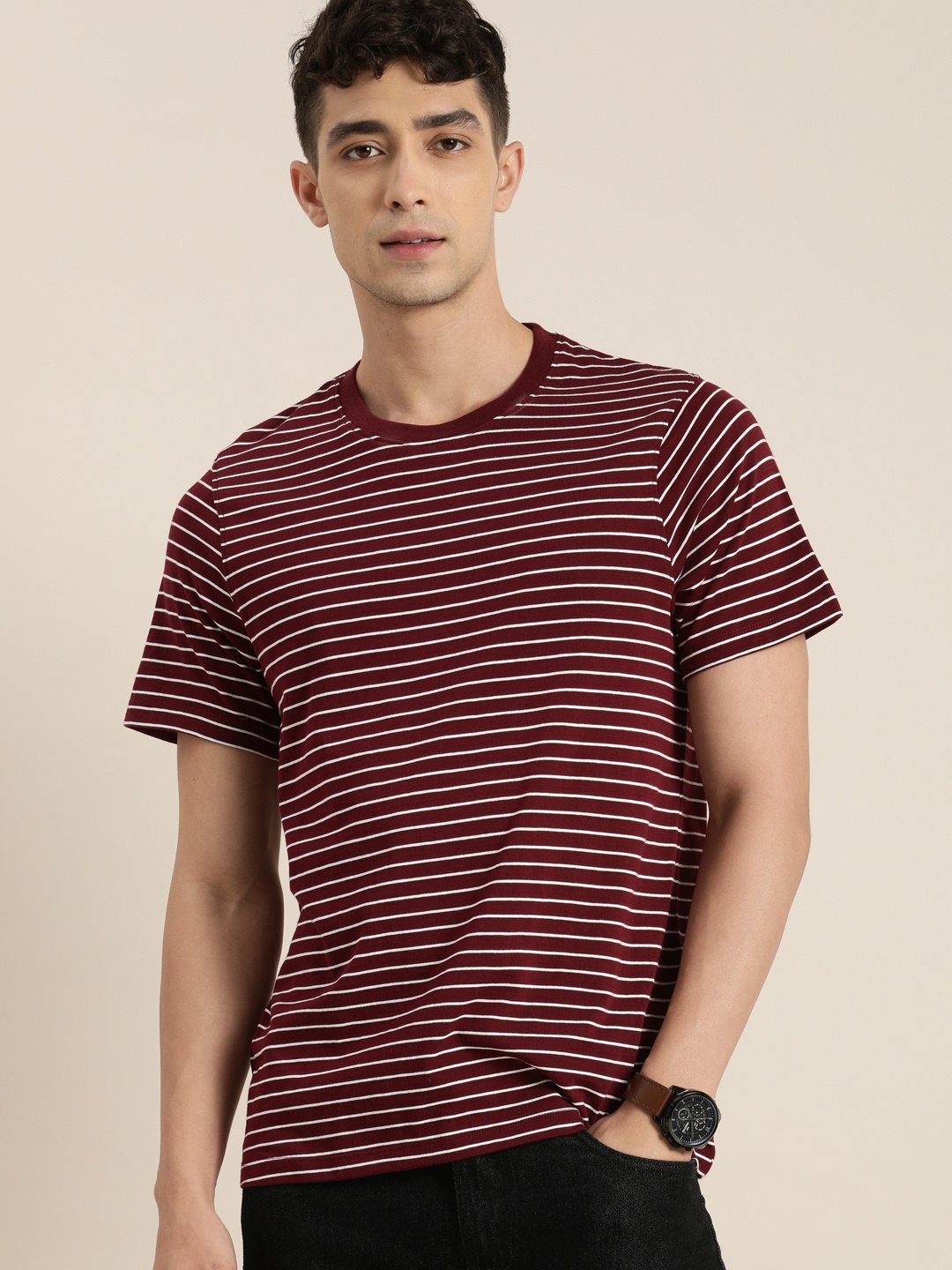 

INVICTUS Men Maroon White Striped Round Neck Pure Cotton T-shirt