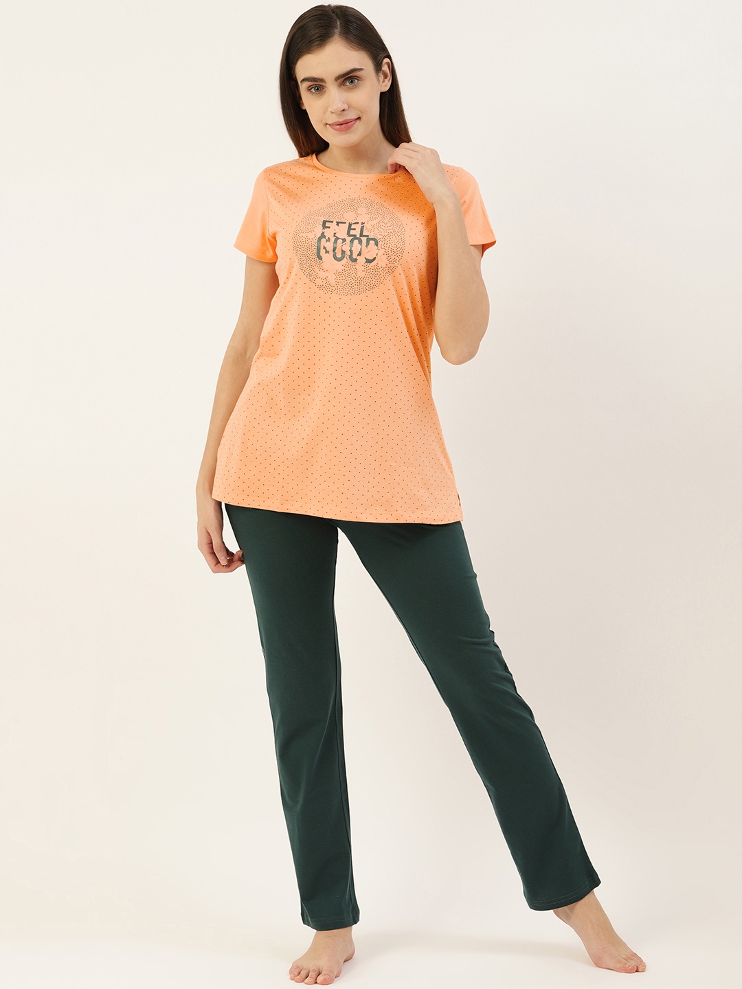

Sweet Dreams Women Peach-Coloured & Green Polka Dots Print Night suit