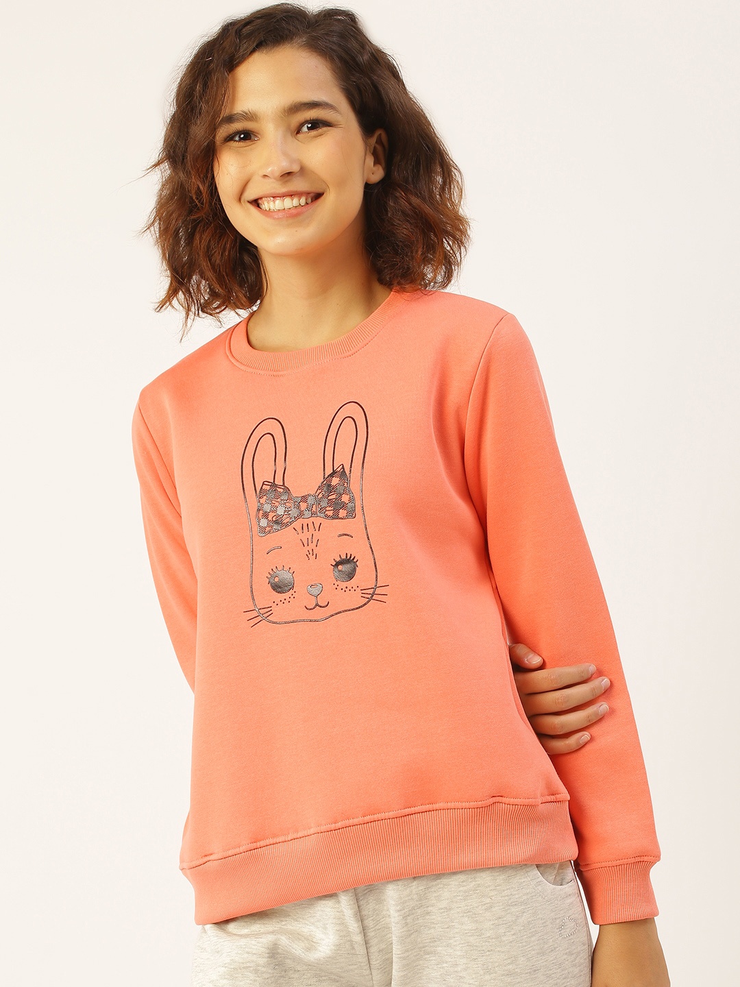 

Sweet Dreams Women Peach-Coloured & Black Kitty Print Sweatshirt, Pink