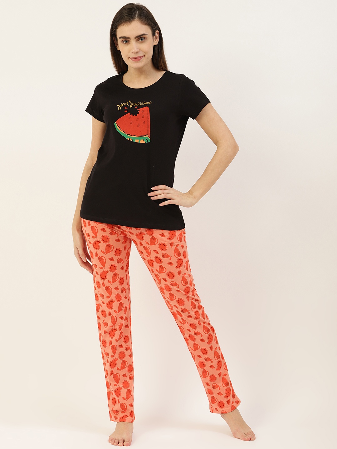 

Sweet Dreams Women Black & Peach-Coloured Fruits Print Pure Cotton Night suit