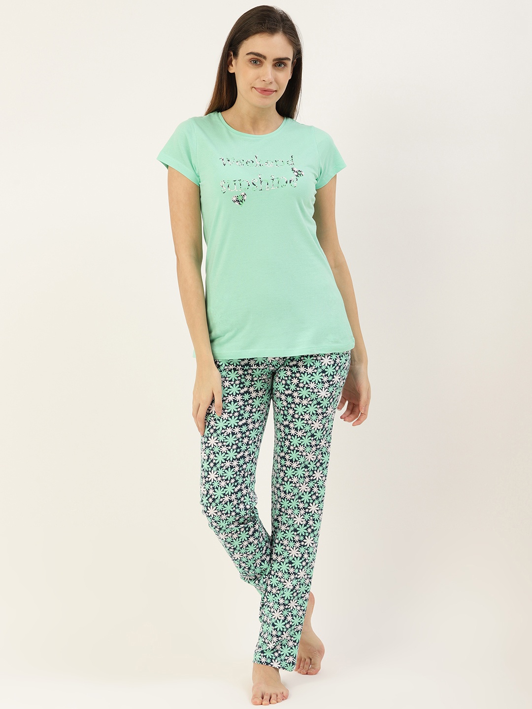 

Sweet Dreams Women Green & Navy Blue Floral Print Pure Cotton Night suit
