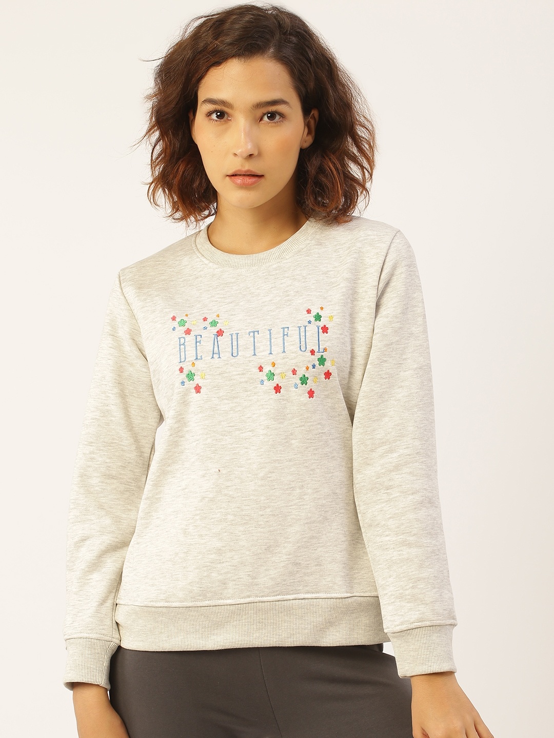 

Sweet Dreams Women Grey Melange Embroidered Sweatshirt