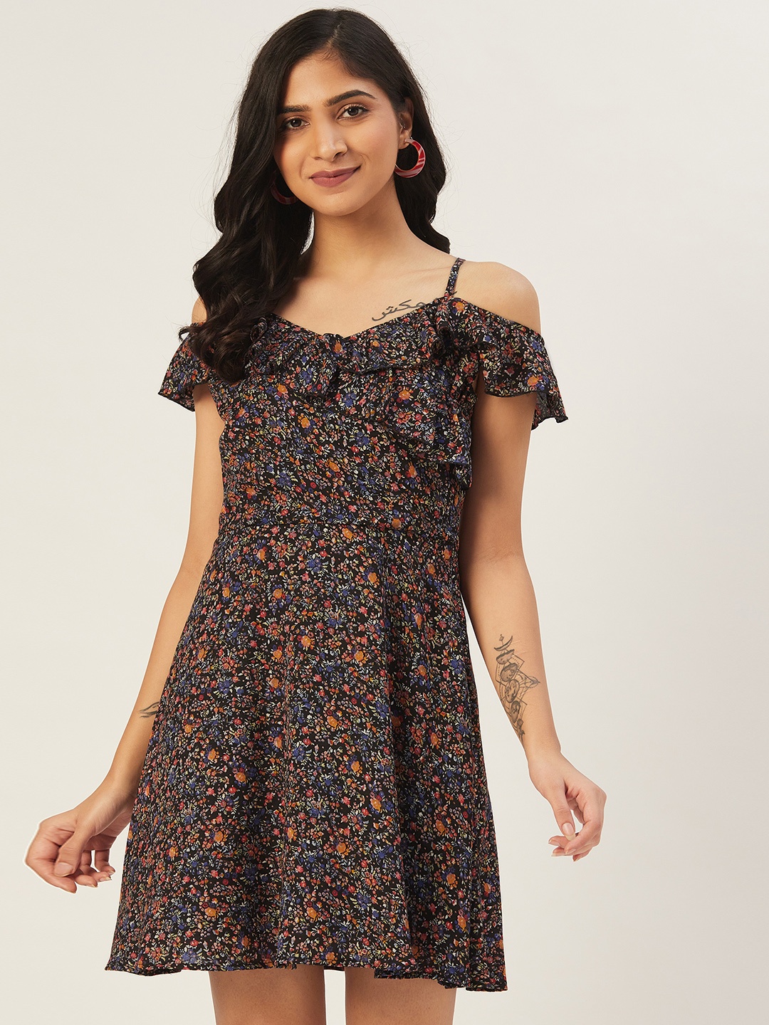 

DODO & MOA Women Black & Blue Floral Print A-Line Dress
