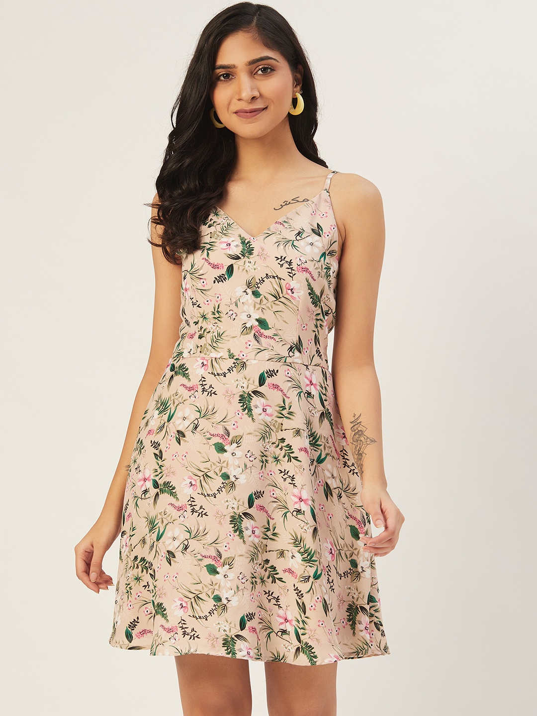 

DODO & MOA Women Beige & Pink Floral Print A-Line Dress