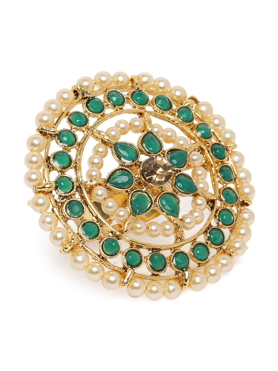 

Zaveri Pearls Green & White Gold-Plated Stone-Studded Adjustable Finger Ring