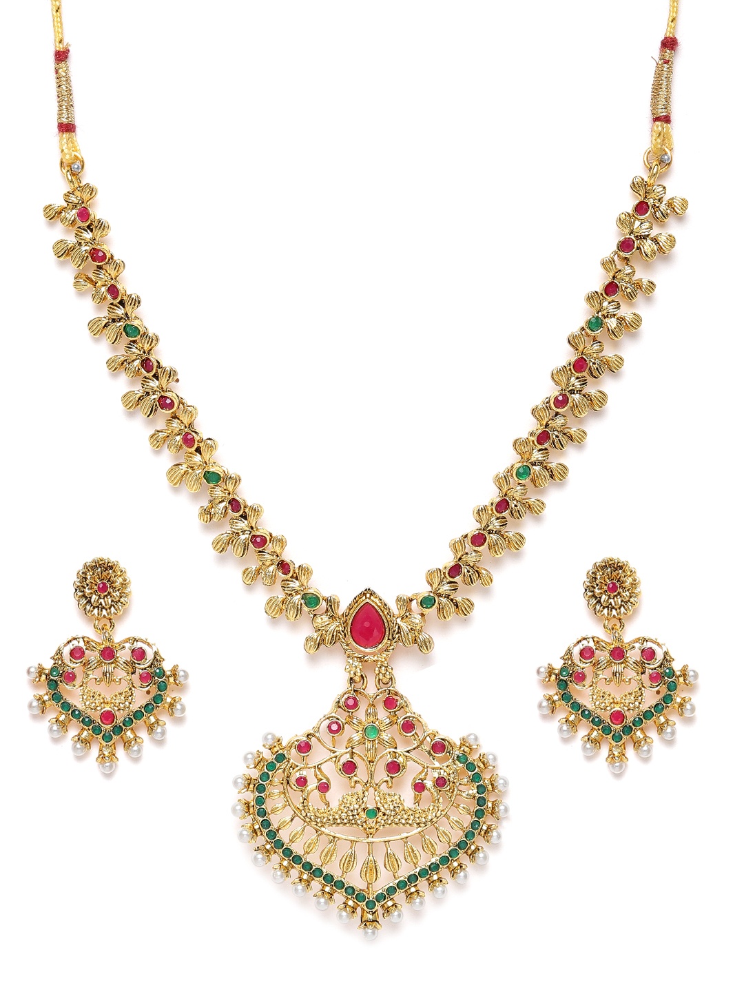 

Zaveri Pearls Green & Pink Gold-Plated Stone-Studded & Beaded Jewellery Set