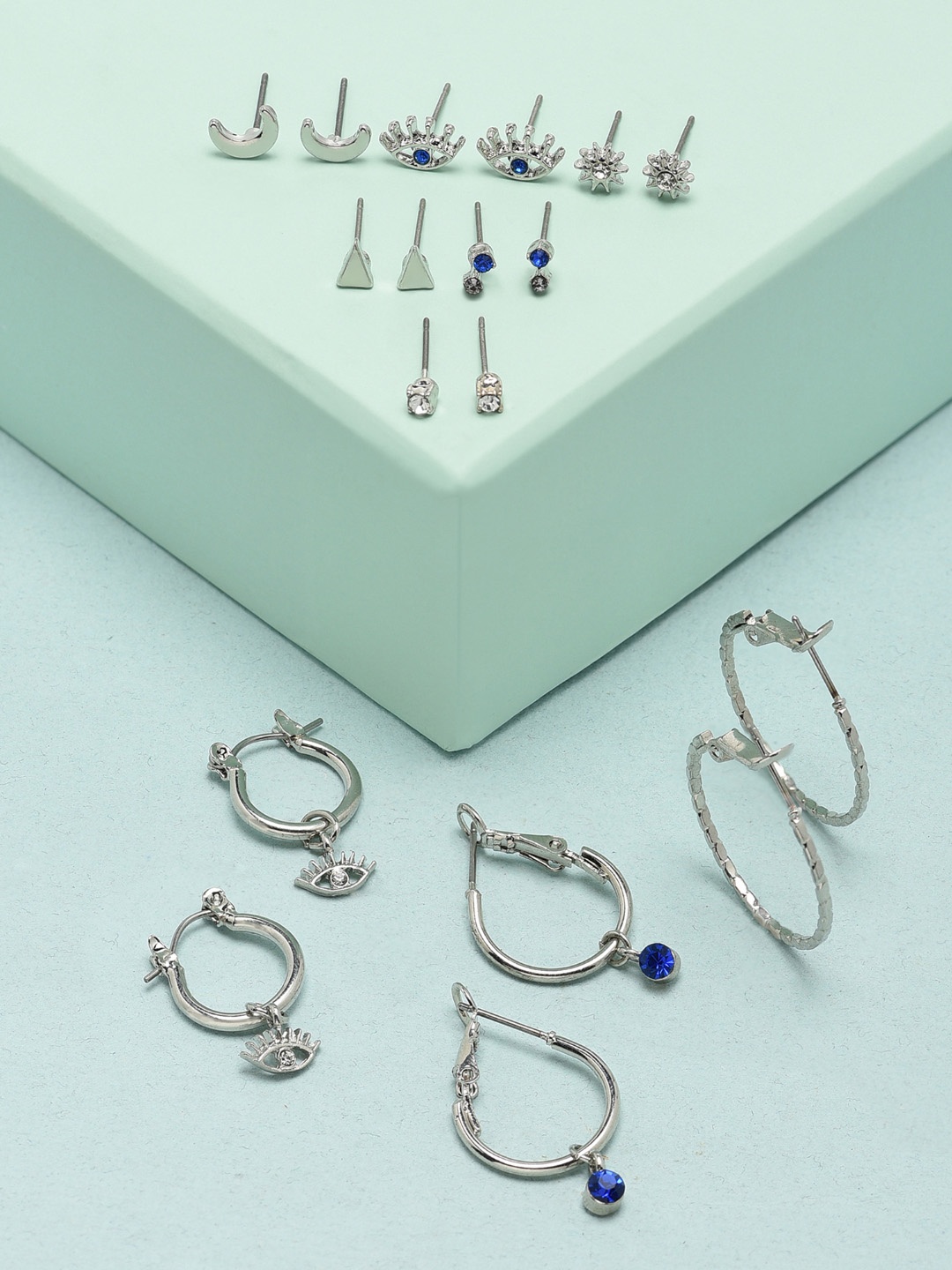 

Zaveri Pearls Set of 9 Contemporary Earrings, Silver