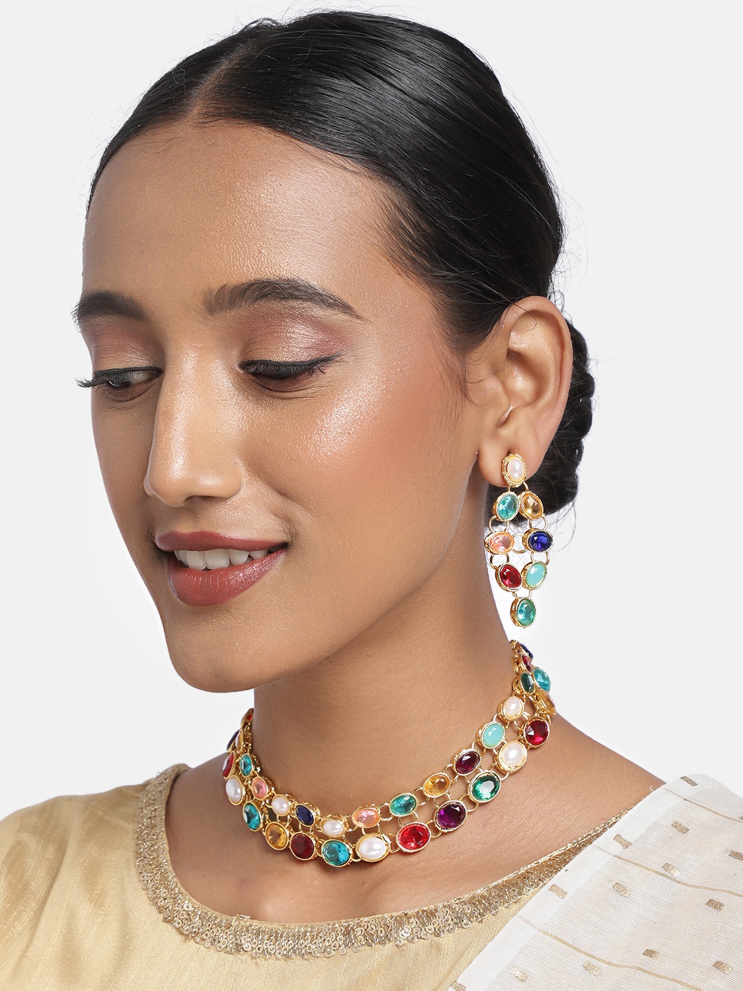 

Zaveri Pearls Multicolour Gold-Plated Stone-Studded & Beaded Jewellery Set, Multi
