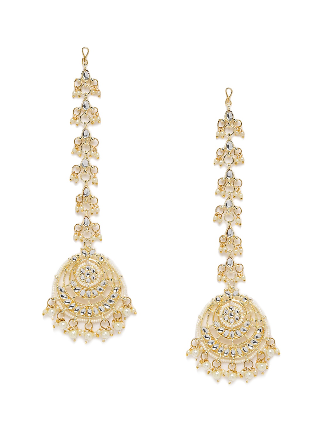 

Zaveri Pearls Gold-Plated Kundan & Pearls Classic Drop Earrings With Ear Chain