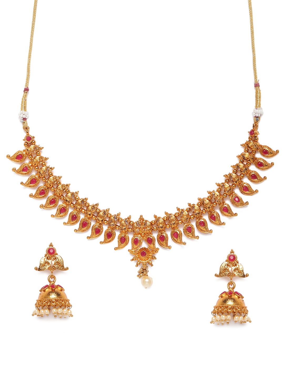 

Zaveri Pearls Red And Gold-Plated Stone-Studded & Beaded Jewellery Set