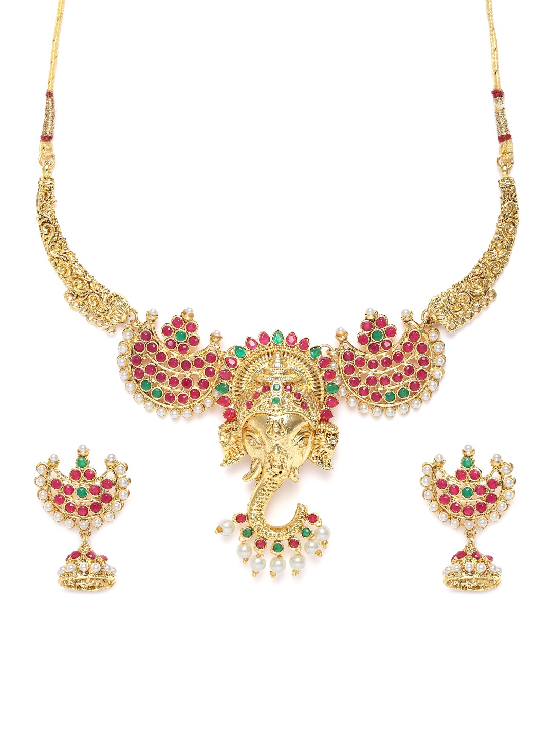 

Zaveri Pearls Gold-Plated Lord Ganesha Temple Stone-Studded & Beaded Jewellery Set