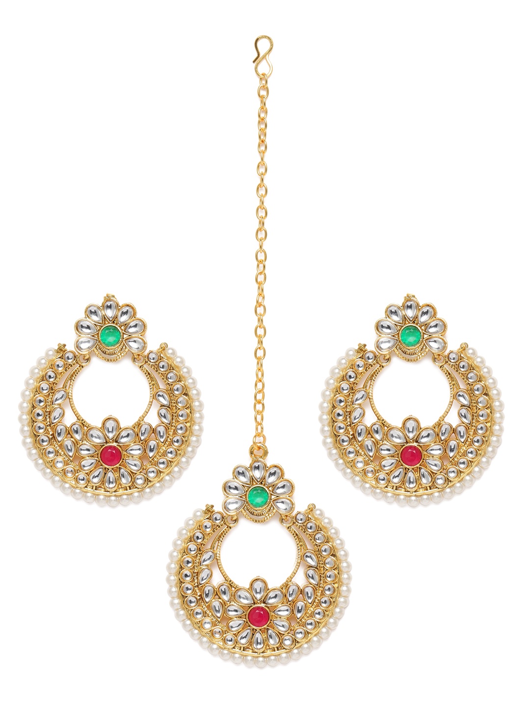 

Zaveri Pearls White Gold-Plated Kundan Chandbali Design Earring & Maang Tika Set