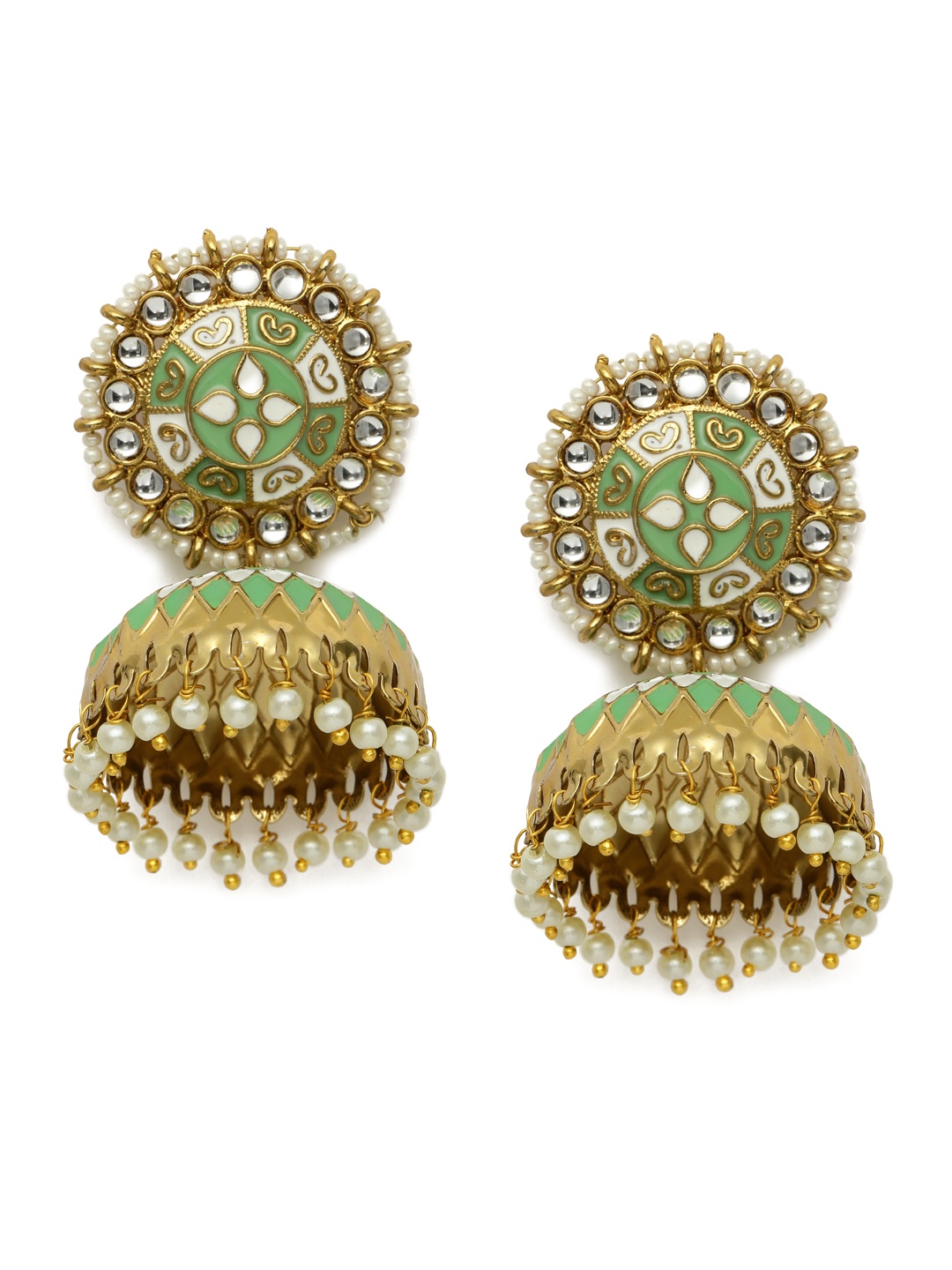 

Zaveri Pearls Gold-Toned & Sea Green Enamelled Dome Shaped Jhumkas