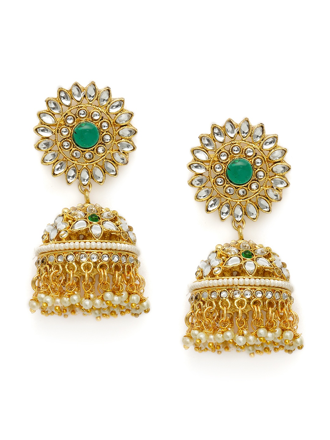 

Zaveri Pearls Gold-Toned & Green Kundan Studded Dome Shaped Jhumkas