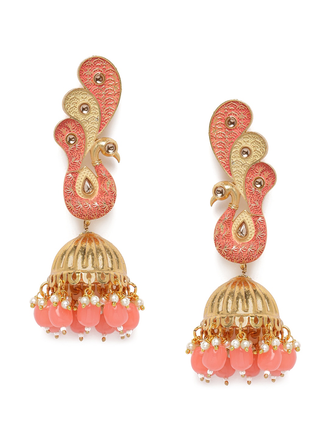 

Zaveri Pearls Peach-Coloured Gold-Plated Enamelled Studded Peacock Shaped Jhumkas