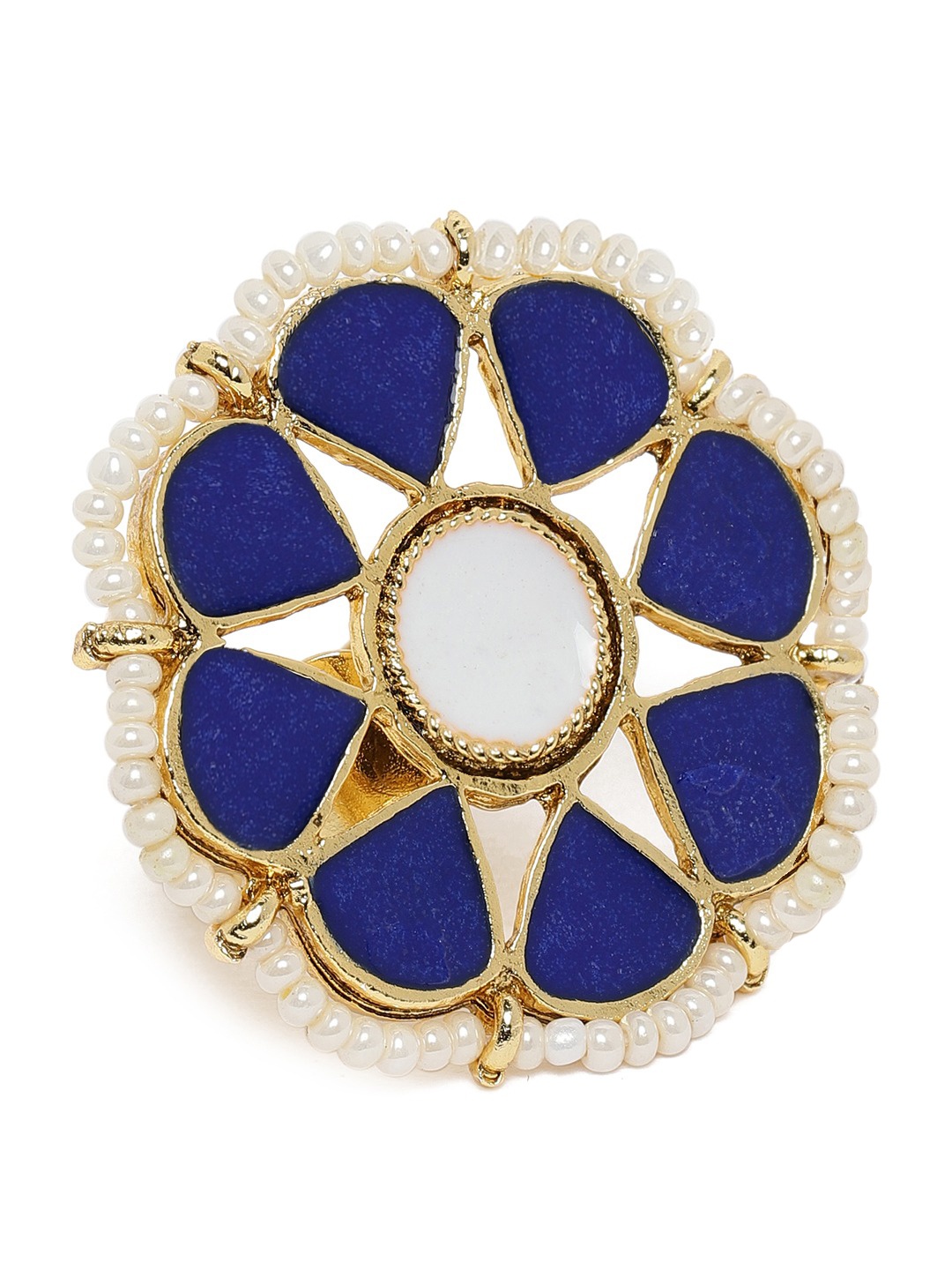 

Zaveri Pearls Blue & White Gold-Plated Stone-Studded Adjustable Finger Ring