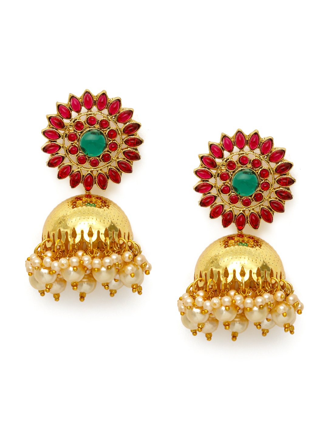 

Zaveri Pearls Gold-Toned & Pink Kundan Studded Dome Shaped Jhumkas