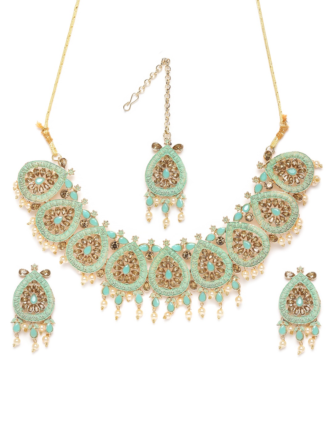 

Zaveri Pearls Sea Green Gold-Plated Stone-Studded & Beaded Jewellery Set