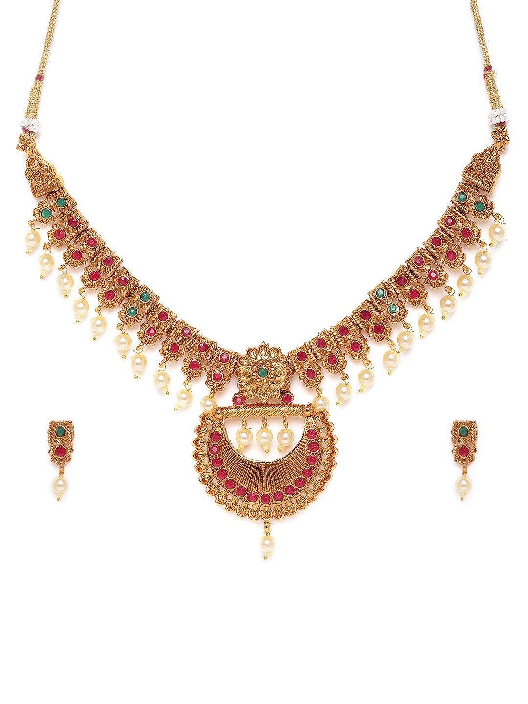 

Zaveri Pearls Gold-Plated & Pink Stone Studded Traditional Necklace & Earring Set