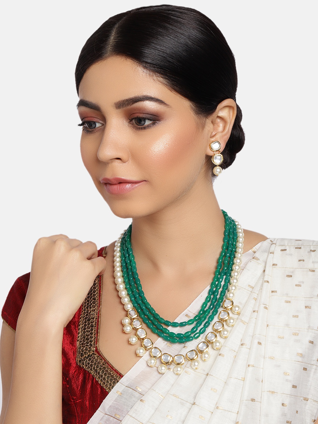 

Zaveri Pearls Green & Gold-Plated Beaded Long Layered Jewellery Set, White