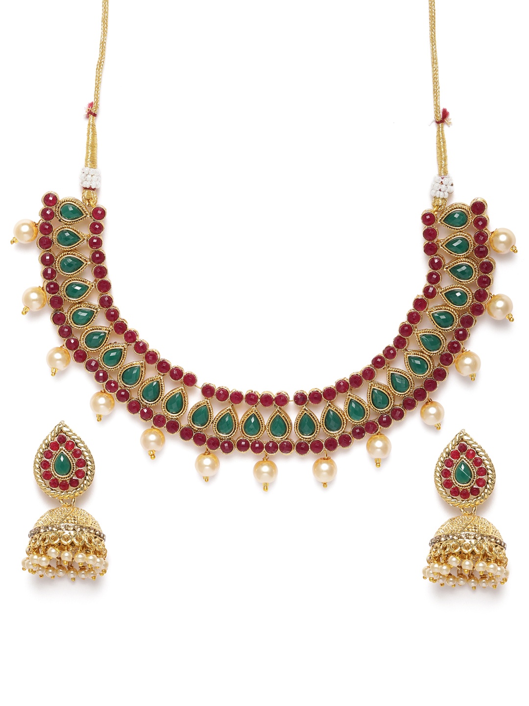 

Zaveri Pearls Green & Red Gold-Plated Stone-Studded & Beaded Jewellery Set
